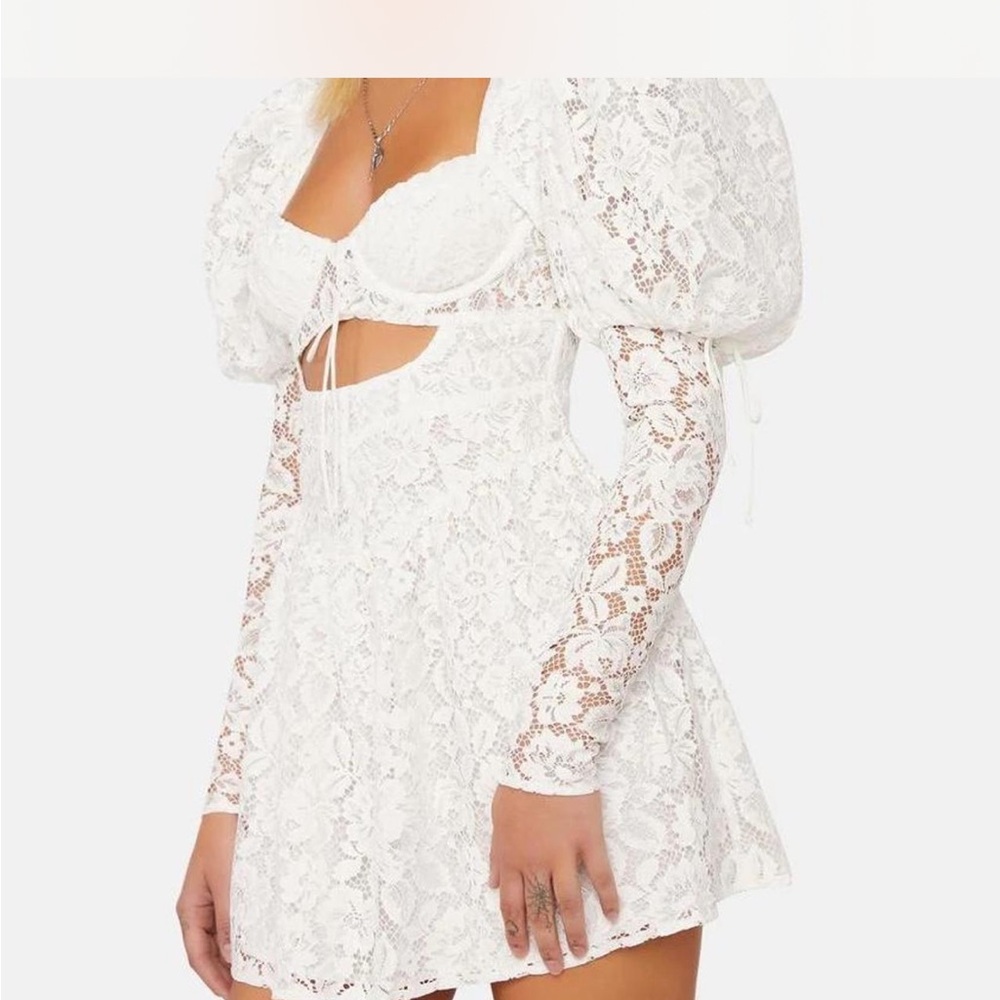 White Lace Puff Sleeve Dress